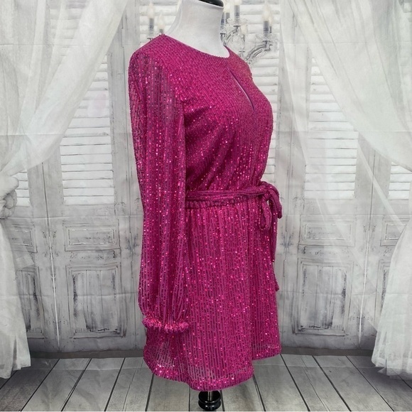 LDT Size 6 Pink Sequined Long Sleeve Short Dress Belted Pockets Cocktail A-Line - Picture 10 of 16